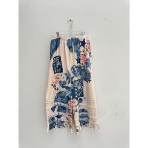 Origami by Vivian Western Novelty Print Wide Leg Pants Cream Blue Rose Sz XXL